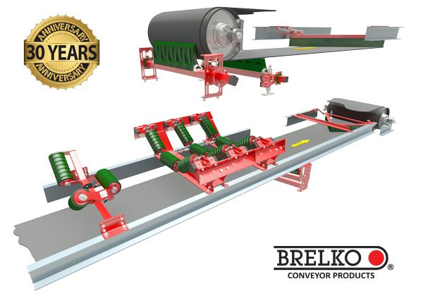 Badge « 30 years anniversary » de Brelko, avec le logo Brelko et des racleurs et stations rouges en 3D