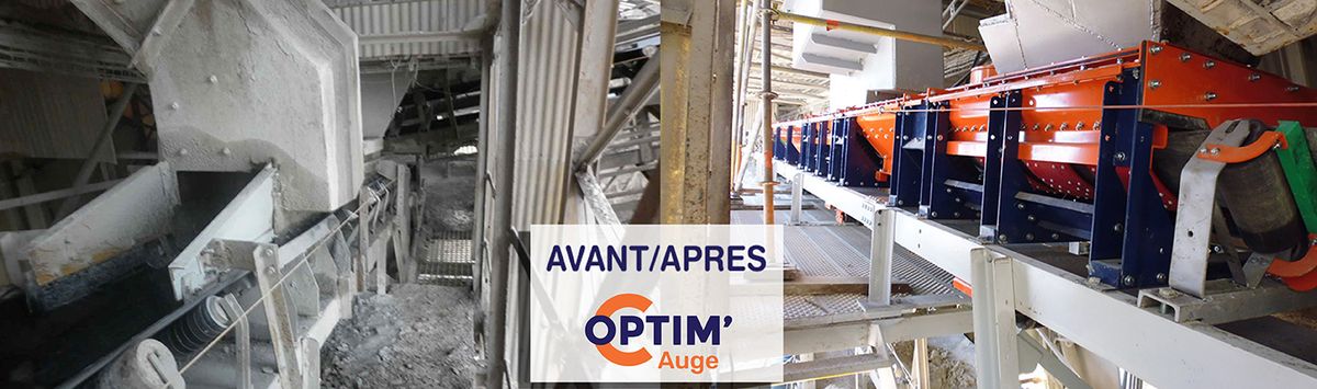 Avant/après Optim'Auge : convoyeur poussiéreux et ouvert, puis convoyeur équipé d'une auge orange et bleue