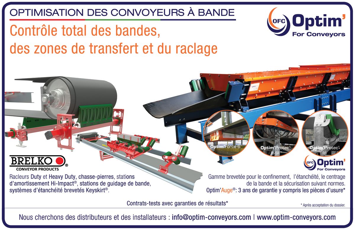 Publicité Optim'For Conveyors et Brelko dans Infovrac : « Contrôle total des bandes, des zones de transfert et du raclage »