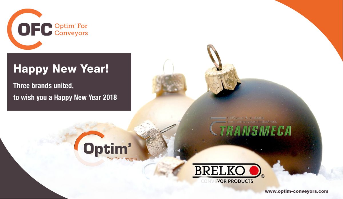 Carte de voeux 2018 : OFC Optim'For Conveyors, Optim', Transmeca et Brelko, trois marques réunies, sur des boules de Noël