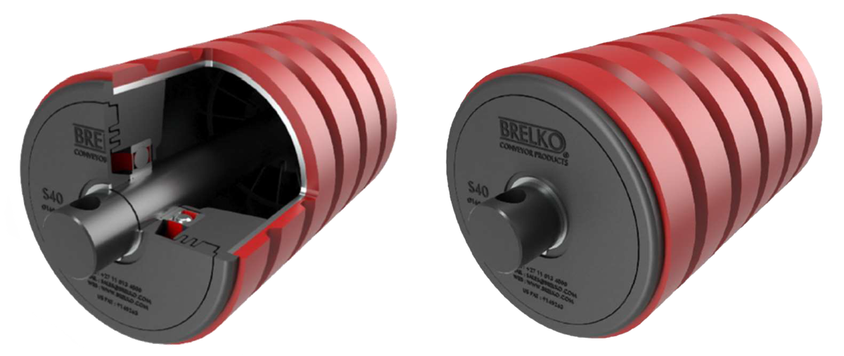 Rouleaux amortisseurs rouges Hi-Impact de Brelko, l'un en coupe montrant l'axe fixe et les roulements