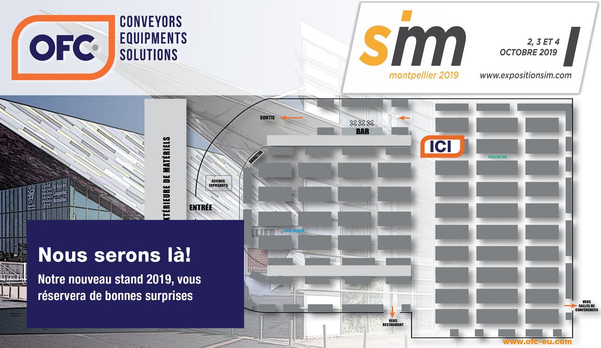 Affiche OFC : rendez-vous au salon SIM Montpellier, 2 au 4 octobre 2019, plan du salon avec le stand marqué « ICI »